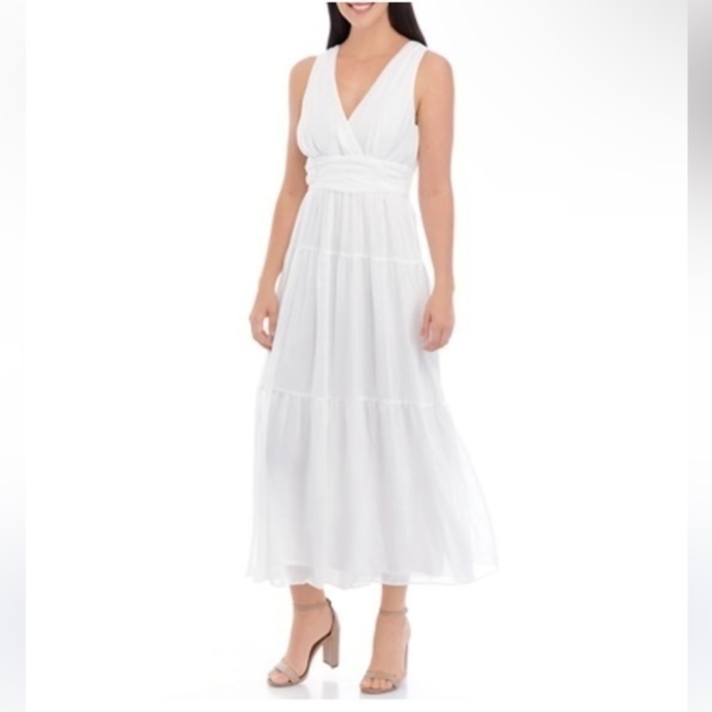 Maison Tara Plus Size White Sleeveless V-Neck Solid Tiered Maxi Dress